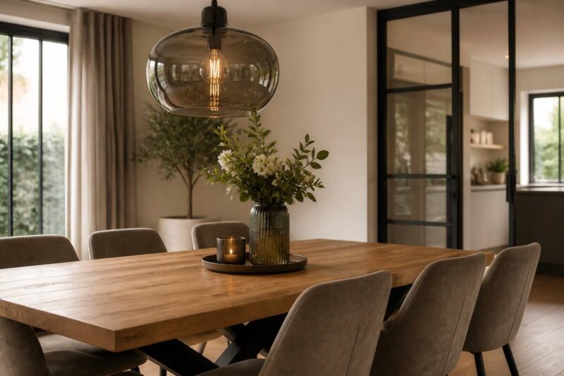 Glazen hanglamp boven een houten eettafel in een modern interieur
