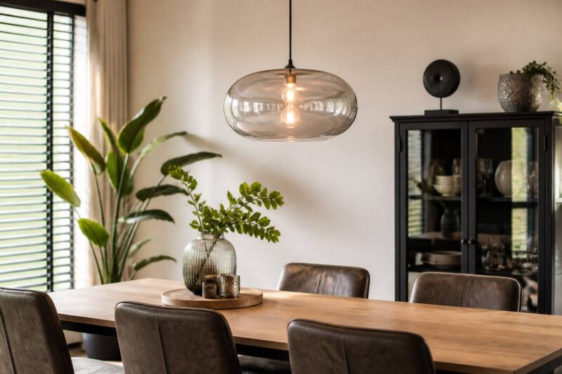 Glazen hanglamp boven een houten eettafel in een rustig interieur