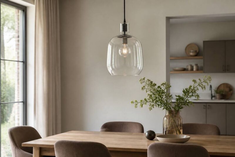 Glazen hanglamp boven een eettafel in een modern interieur