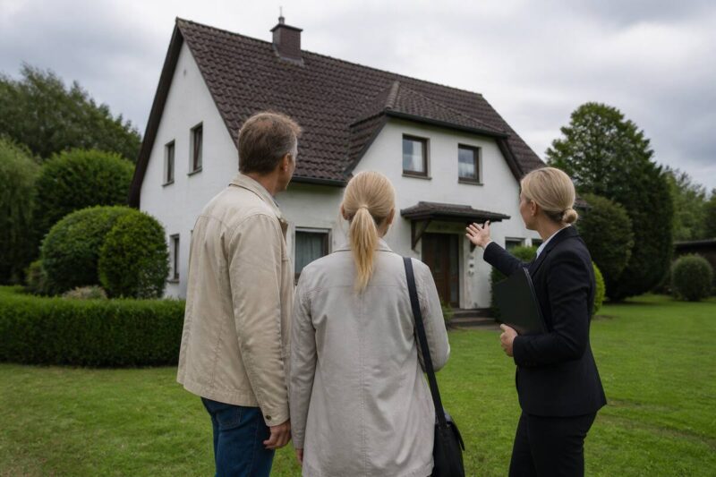 Stel bezichtigt een woning in een rustig Duits dorp