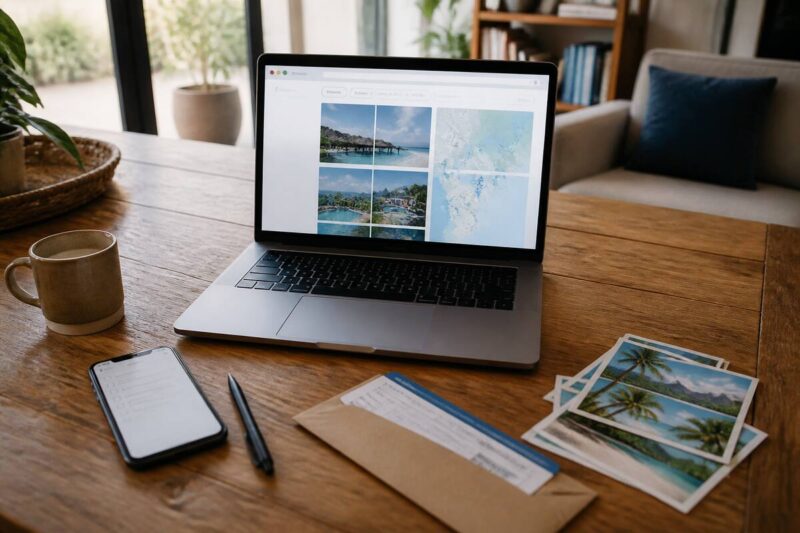 Checklist op tafel met laptop en smartphone om vakanties te vergelijken