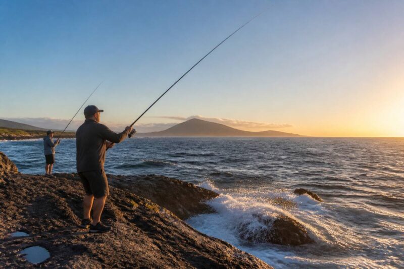 Twee sportvissers aan het vissen vanaf rotsige kust van Lanzarote met golven op de achtergrond.